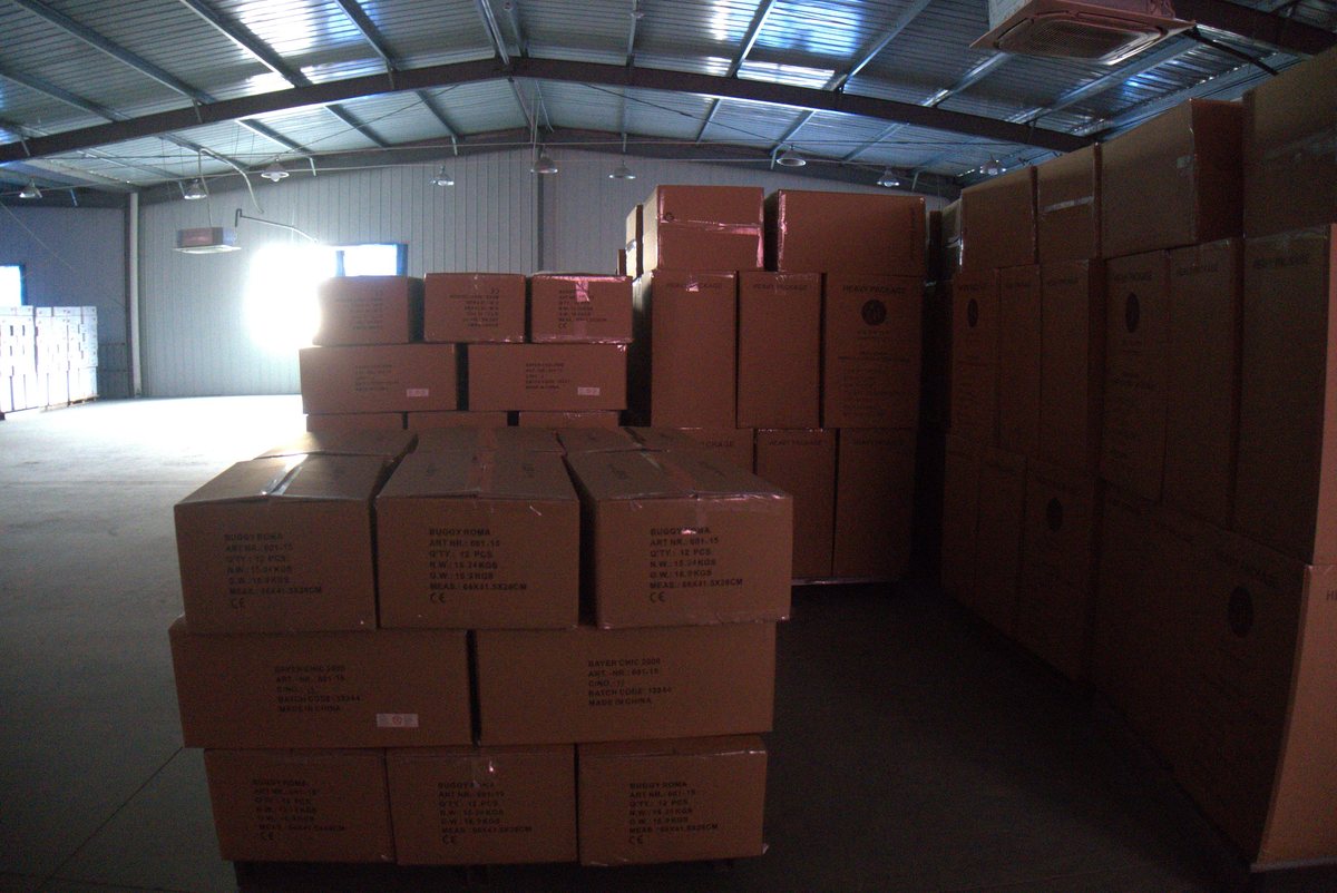 Finished Triokid prams boxed and ready to ship worldwide