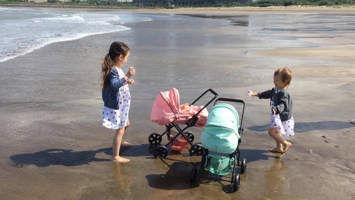 A child pushing a Triokid stroller along the shoreline